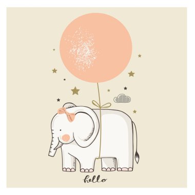 Şirin bir fil balonda uçuyor. karikatür el çizimi vektör çizimi. Bebek tişörtü baskısı, moda baskısı tasarımı, çocuk giyimi, bebek partisi kutlaması ve davetiye kartı için kullanılabilir..