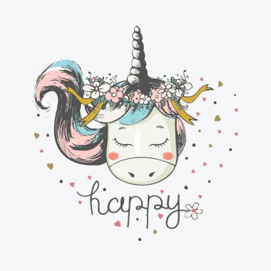 Çiçek çemberli şirin romantik tek boynuzlu atın el çizimi vektör çizimi / çocuk gömleği tasarımı / moda deseni / moda grafiği için kullanılabilir