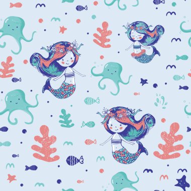 Şirin denizkızları kusursuz desenli. Bebek tişörtü, moda deseni, çocuk giyimi, bebek partisi kutlamaları ve davetiye kartı için kullanılabilir..