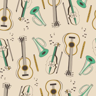 Müzikal enstrümanlar, gitar, keman, flüt, trompet, karikatür el çizimi vektör çizimi. 