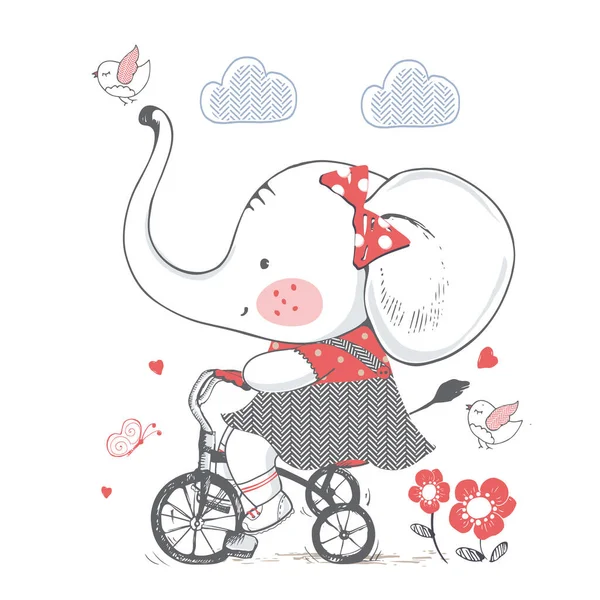 Olifant Handgetekende Vector Illustratie Van Schattig Elephant Meisje Riding Bicycle — Stockvector