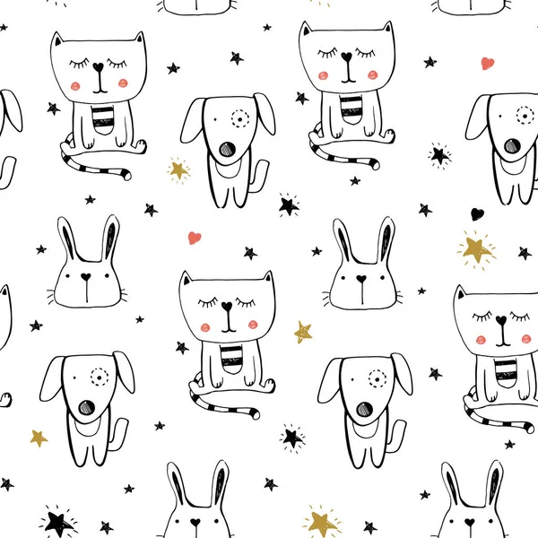 seamless pattern with cute animals.dog, cat, rabbits.cartoon hand drawn vector illustration