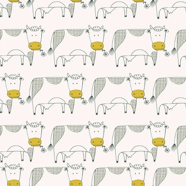 Seamless Pattern Cute Cow Cartoon Hand Drawn Vector Illustration Can — Stock Vector