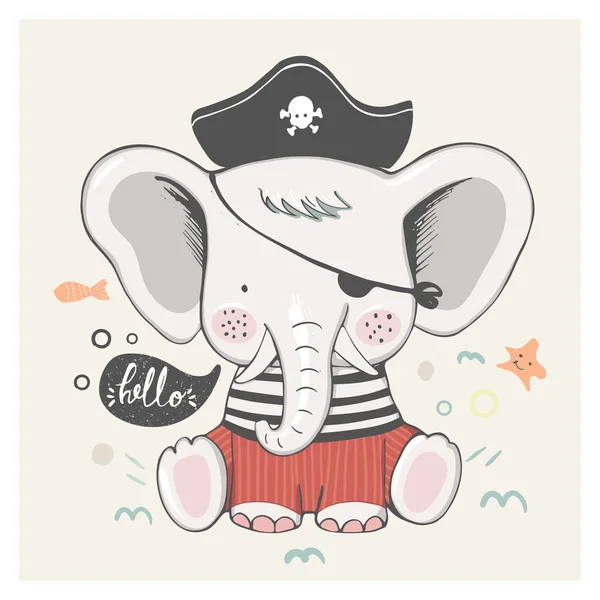 Cute Baby Elephant Pirate Suit Cartoon Hand Drawn Vector Illustration — Stock Vector