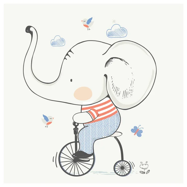 Elefante Bebé Lindo Bicycle Cartoon Ilustración Vectorial Dibujado Mano Puede — Archivo Imágenes Vectoriales