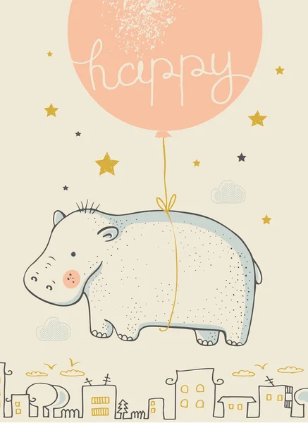 Leuke Nijlpaard Vliegt Een Ballon Cartoon Hand Getekend Vector Illustratie — Stockvector