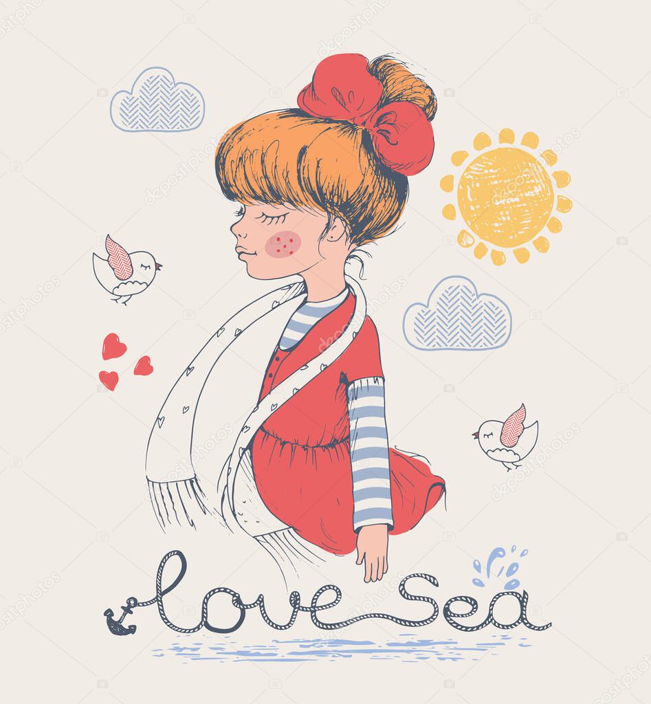 Sailor girl/ hand drawn vector illustration/ can be used for kid's or baby's shirt design/ fashion print design/ fashion graphic/ t-shirt/ kids wear