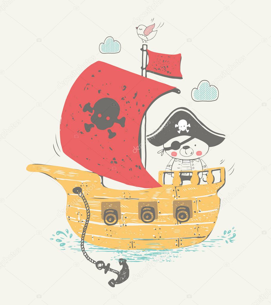 Hand drawn vector illustration of little pirate baby bear in pirate ship.  teddy bear. baby bear. can be used for kid's or baby's shirt design. fashion print design