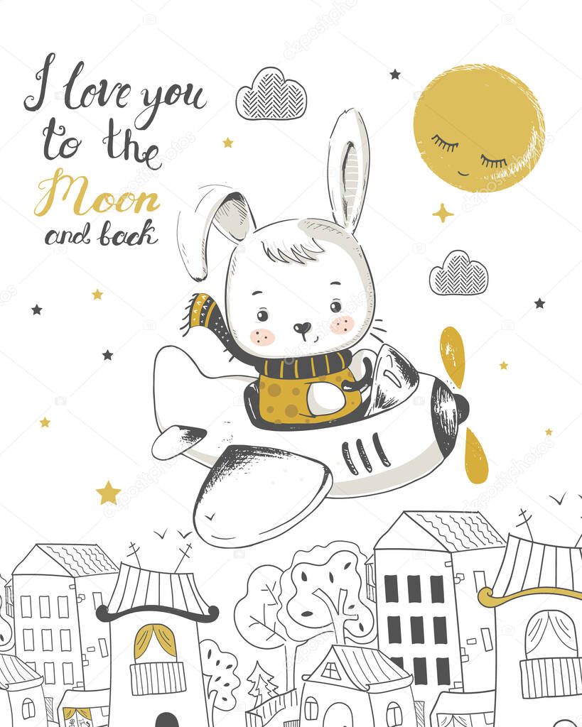 Cute little bunny flying on a plane cartoon hand drawn vector illustration. Can be used for baby t-shirt print, fashion print design, kids wear, baby shower celebration greeting and invitation card.