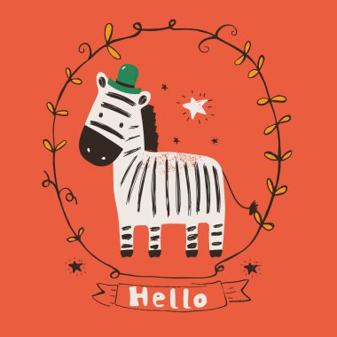 Şirin zebra. Çizilmiş el çizimi vektör çizimi. Bebek tişörtü baskısı, moda baskısı tasarımı, çocuk giyimi, bebek partisi kutlaması ve davetiye kartı için kullanılabilir..