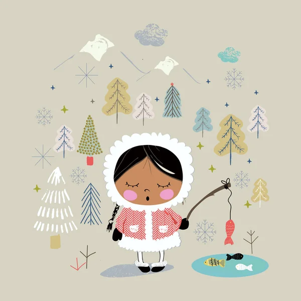 Cute Girl Fishing Alaska Hand Draw Vector Illustration Can Used — 스톡 벡터