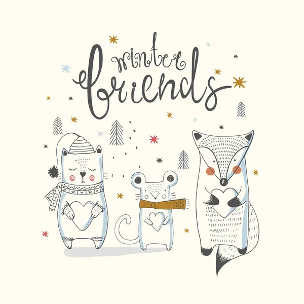 Cute animals/cat,mouse,fox/hand drawn vector illustration/can be used for kid's/baby's shirt design/fashion print design/fashion graphic/t-shirt/tee
