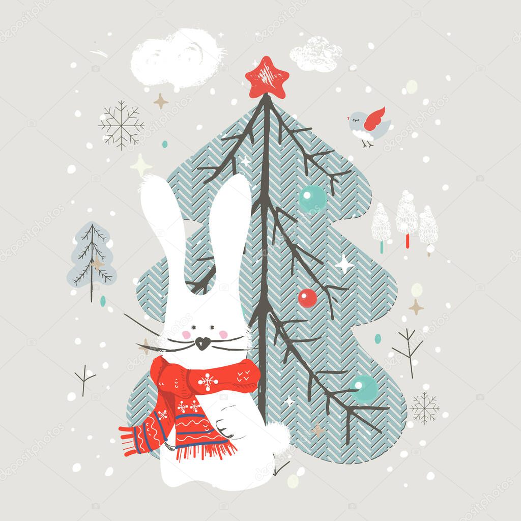 Cute bunny with Christmas tree.Cartoon hand drawn vector illustration. Can be used for baby t-shirt print, fashion print design, kids wear, baby shower celebration greeting and invitation card.