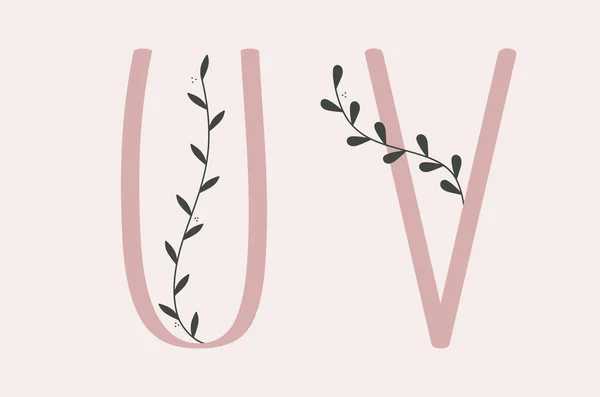 你和V字母集的粉红色字母与花卉元素 — 图库矢量图片
