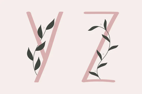 Und Buchstabensatz Eines Rosa Alphabets Mit Floralen Elementen — Stockvektor