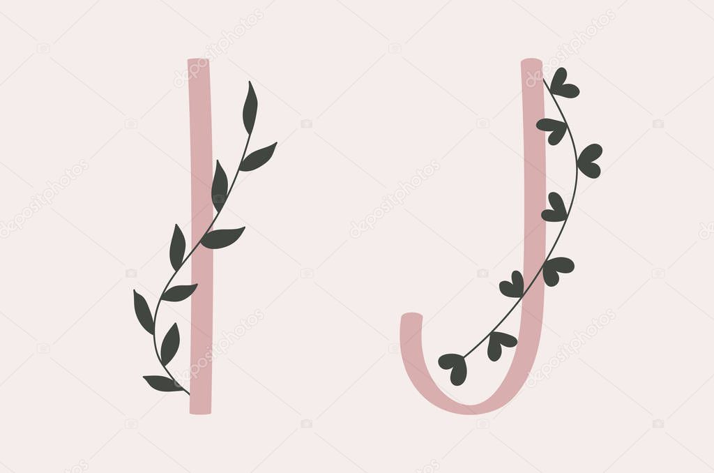 I and J letter set of a pink alphabet with floral elements.