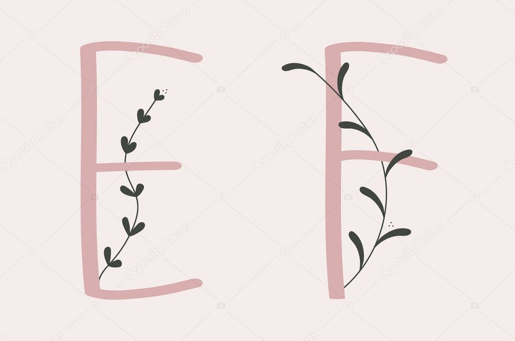 E and F letter set of a pink alphabet with floral elements.