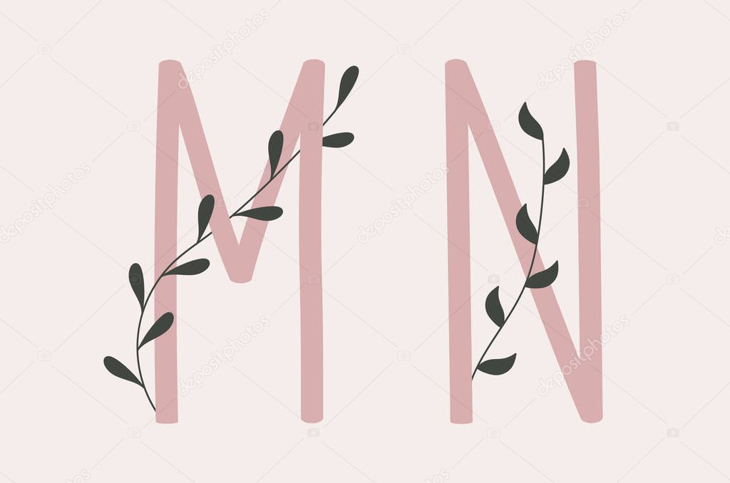 M and N letter set of a pink alphabet with floral elements.