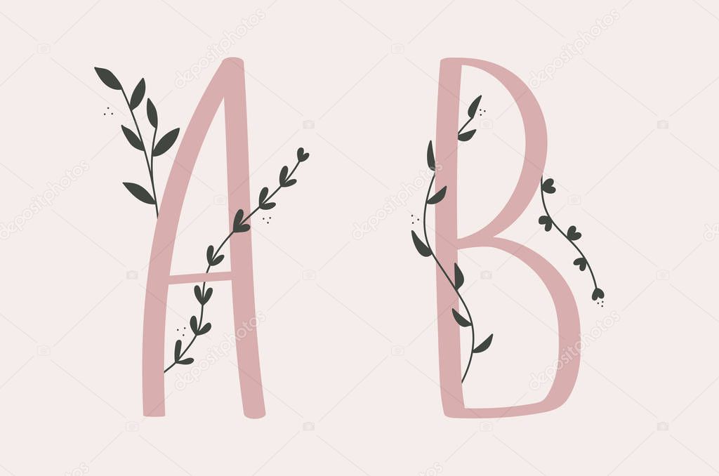 A and B letter set of a pink alphabet with floral elements.