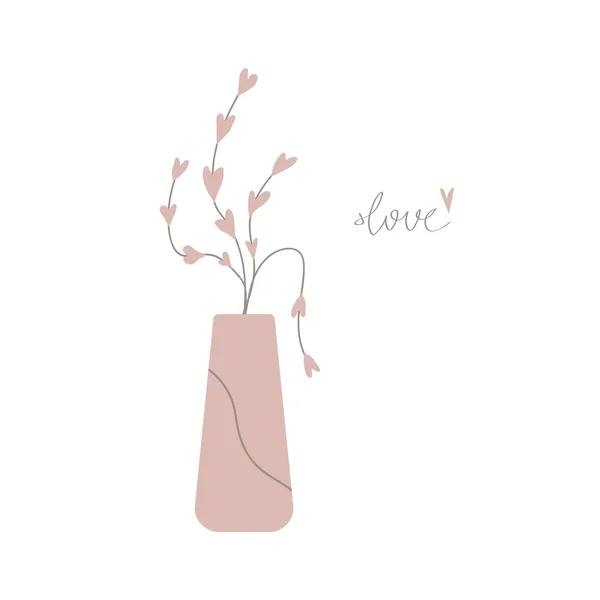 Zarte Pflanze Einer Vase Mit Einem Liebeswort Und Winzigem Herzen — Stockvektor