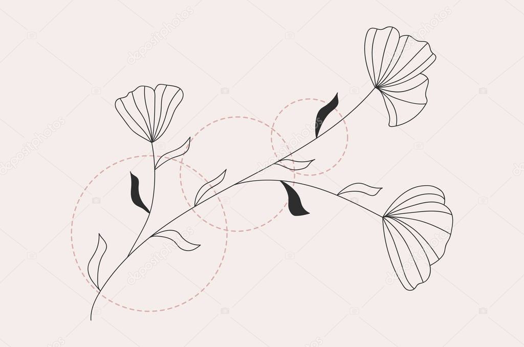 Flower plant in outline with pink dotted circles.