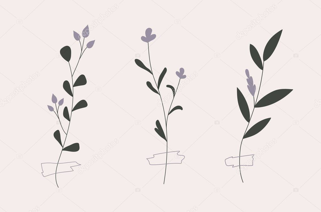 Set of three twigs with purple flowers pinned with a tape.