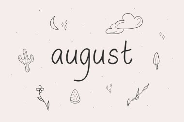 Ağustos kaktüs, çiçekler, karpuz dilim, dondurma, bulutlar, ay ve yıldızlar ile set,