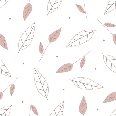 Noktalarla süslenmiş pembe ve kahverengi renklerde küçük dallar ve dokulu yapraklar ile dikişsiz desen.