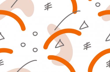 Turuncu ve kahverengi renklerde yaratıcı yaylar, üçgenler, daireler ve çizgiler ile dikişsiz desen.