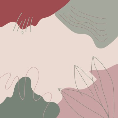 Bej, kırmızı, yeşil ve pembe renklerle yaratıcı arka plan. Dekoratif çizgiler ve çiçek elementleri. Modern soyutlama posteri. Sanat baskı tasarımı.