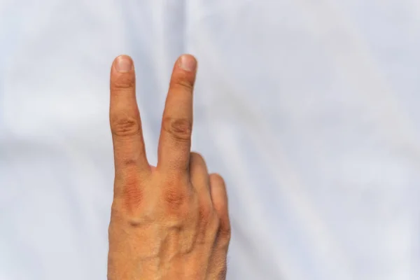 A hand shows different signs on white background