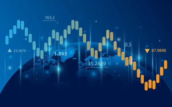 Grafikleri ve grafikleri olan 3 boyutlu Dünya Küresi. Dünya iş ve ekonomi kavramı. Borsa, ön ödeme ve dünya yatırımı. Finansal yatırım ve ekonomik trendler. Vektör illüstrasyonu