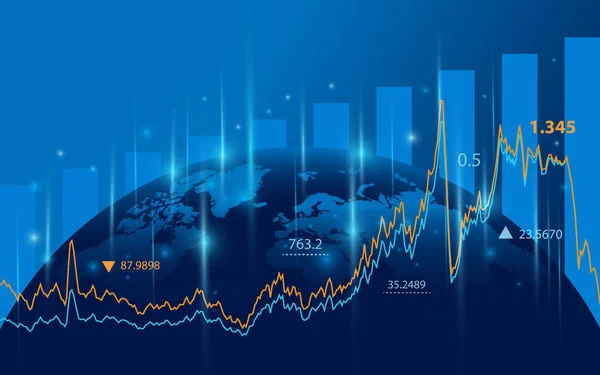 Grafikleri ve grafikleri olan 3 boyutlu Dünya Küresi. Dünya iş ve ekonomi kavramı. Borsa, ön ödeme ve dünya yatırımı. Finansal yatırım ve ekonomik trendler. Vektör illüstrasyonu