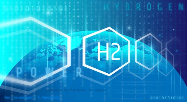 HYDROGEN: Geleceğin yakıtı. Kimyasal elementlerin periyodik tablosundan gelen element hidrojen konsepti. Açık mavi arkaplan.