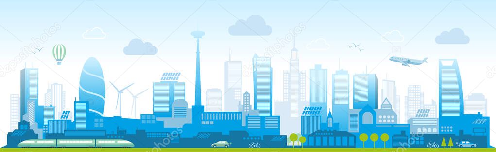 Smart city, landscape city centre with many building, airplane is flying in the sky