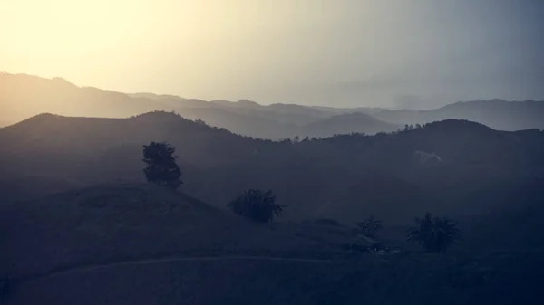 Krajobraz Gór Leśnych Pośród Mgły Zachodzie Słońca — Zdjęcie stockowe