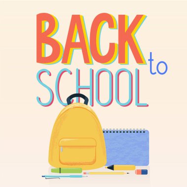 Farklı okul malzemeleri, sarı sırt çantası İllüstrasyon ve arka planda okula Geri işareti. Defter, kalem, kalem, vurgulayıcılar veya işaretleyiciler ve silgi.