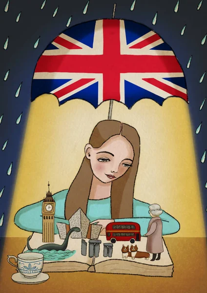 Ilustración Niñas Aprendiendo Inglés Británico Mirando Libro Con Símbolos Cosas — Foto de Stock