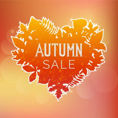 Kalp şeklinde sonbahar sonbahar yaprakları ile renkli arka plan Vektör illüstrasyon. Mevsimlik yazı tasarımı. Levha kartı için şablon, tebrik kartpostalı, tasarım, sonbahar satışı, web banner şablonu