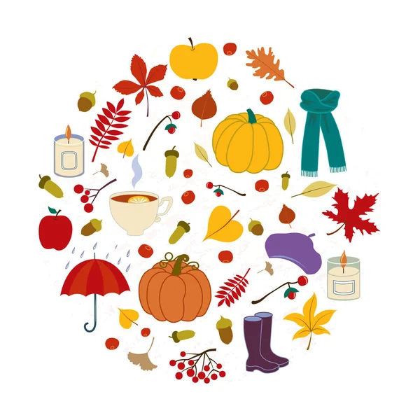 丸い形の秋の秋の葉 ベリー フルーツ カボチャのベクトルイラスト 季節のデザイン テンプレート プラカード グリーティングポストカード デザイン チラシ — ストックベクタ