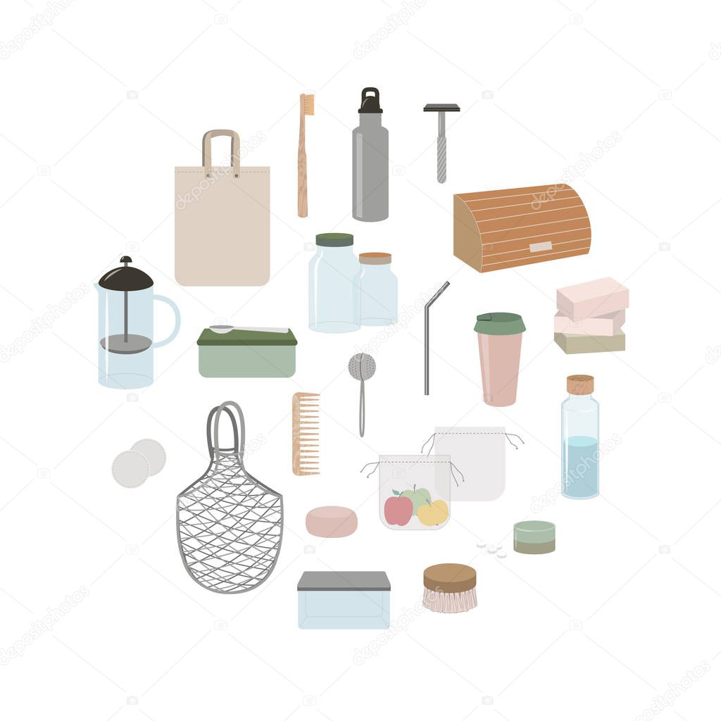 Vector illustration. Infographic template, set of elements of eco, green and zero waste lifestyle in zero shape. Kitchen, bathroom, cosmetics, eco bags. For online or offline shop, article, website