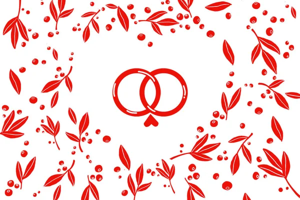 Padrão Ilustração Folhas Vermelhas Bagas Duas Alianças Casamento Com Coração — Fotografia de Stock