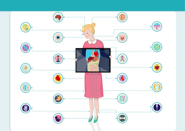 Medical, health and healthcare icons and data elements, woman x-ray with the inward parts of the body, infographic — Stock Illustration Medical Health Healthcare Icons Data Elements Woman Ray Inward Parts Royalty Free Stock Vectors