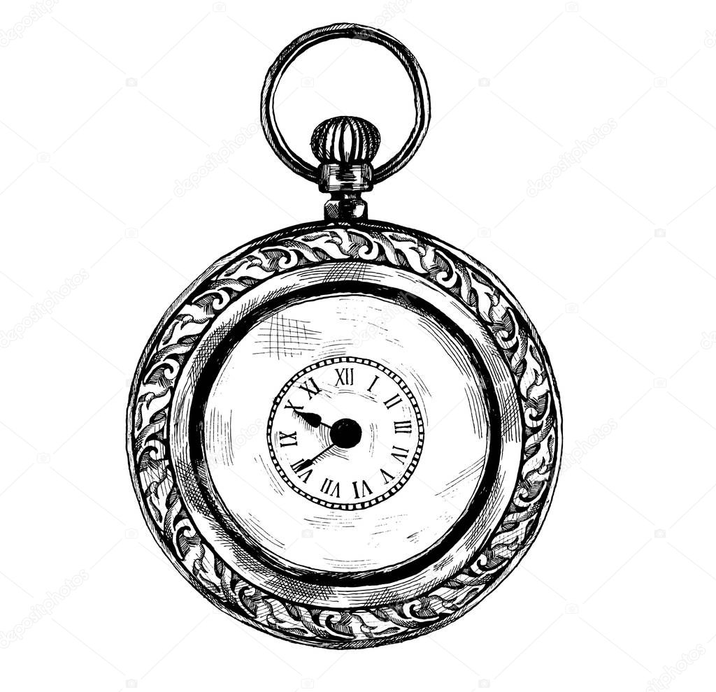 Vector black and white detailed ink hand drawn illustration or logo of antique, vintage, old fashioned clock or pocket watches, isolated on white background