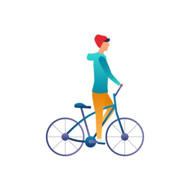 Vektör illüstrasyon, simge veya kırmızı şapka lı genç adamın piktogramı ve bisiklete binen rahat giysiler. Şehir hayatı, eğitim, helthy yaşam tarzı, formda kalmak, bisiklet. Düz.