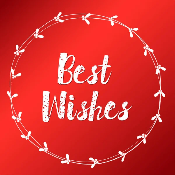 Best Wishes el çizilmiş yazı illüstrasyon. Kırmızı arka plan üzerine beyaz ökseotu çelengi. Noel, Yeni Yıl, Yuvarlak çerçeve. Boya veya suluboya damlaları. Poster veya web şablonu tasarımı. Kutlama. Kart veya kartpostal, tipografi.