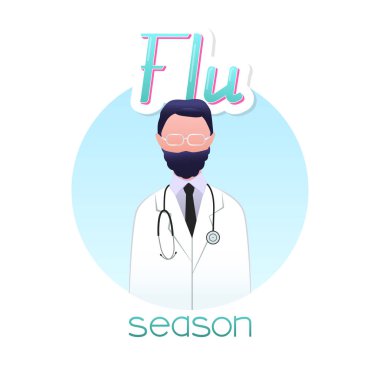 Sakallı adam Vektör illüstrasyon simgesi, gözlük ve stetoskop ile doktor. El yazısı yla yazılmış yazı işareti - Grip mevsimi. Tıbbi profesyonel mavi arka plan izole. 