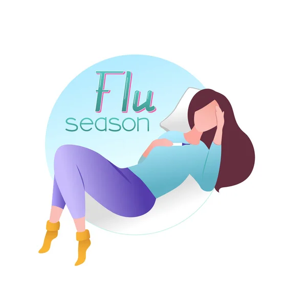 インフルエンザ 発熱または高温の病気の女性のベクトル図は ベッドに横たわって 温度計を見て 感染症で病気 風邪をひくフルートシーズンサインタイポグラフィ レタリング — ストックベクタ