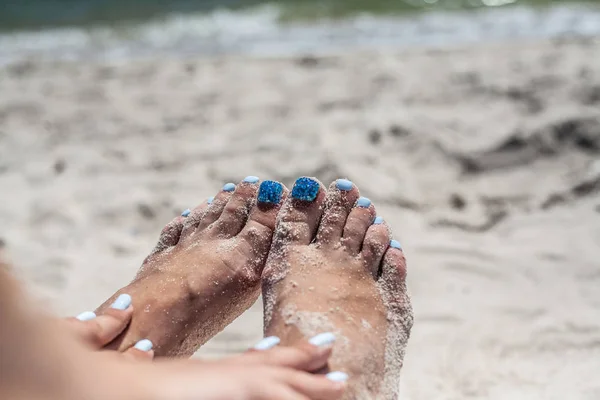 Belle Pédicure Sur Sable Marin Bleu Pédicure Été Détendez Vous — Photo