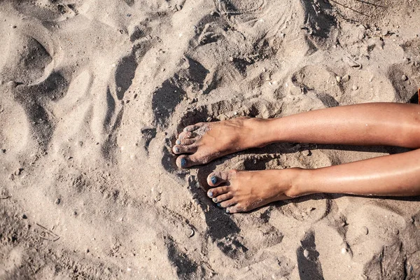 Belle Pédicure Sur Sable Marin Bleu Pédicure Été Détendez Vous — Photo